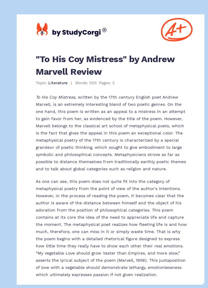 "To His Coy Mistress" by Andrew Marvell Review. Page 1