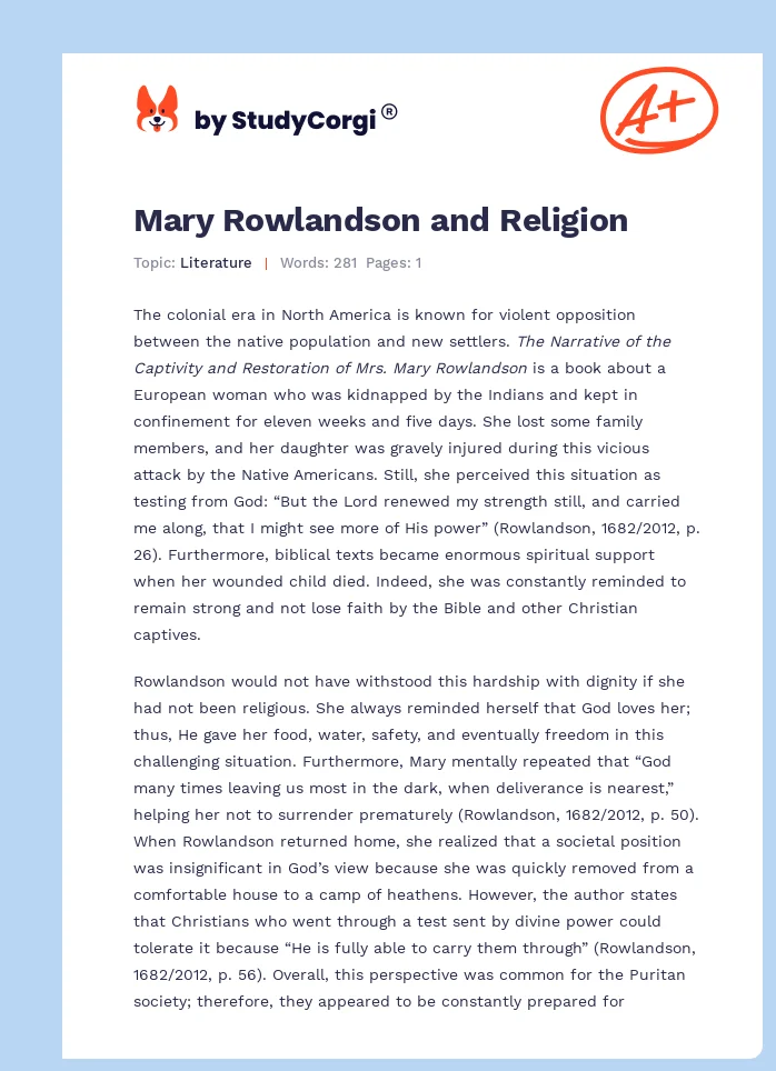 Mary Rowlandson and Religion. Page 1