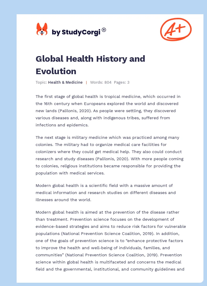 Global Health History and Evolution. Page 1
