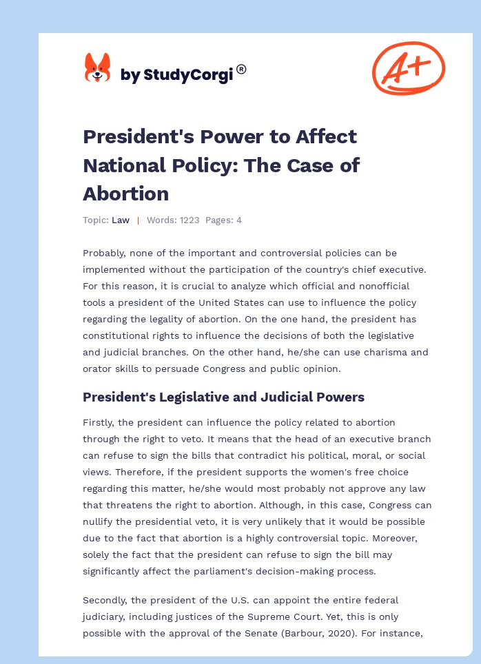 President's Power to Affect National Policy: The Case of Abortion. Page 1