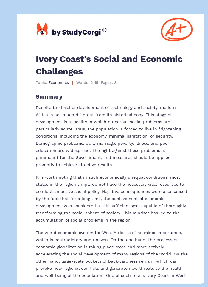 Ivory Coast's Social and Economic Challenges. Page 1