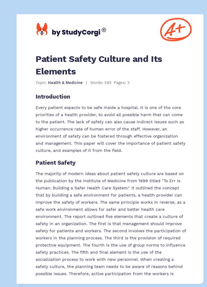 Patient Safety Culture and Its Elements. Page 1