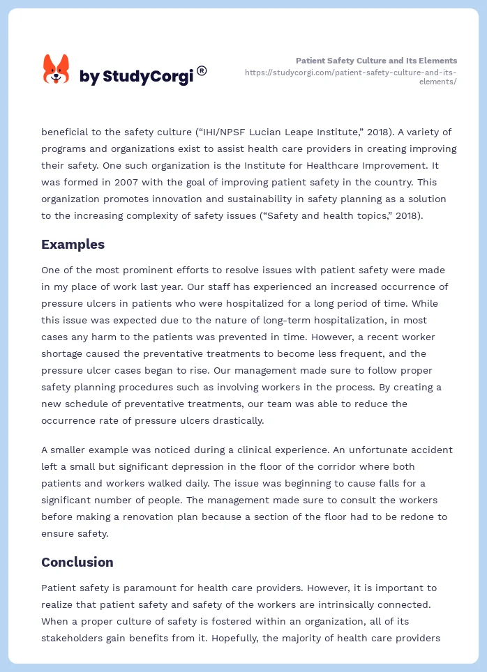 Patient Safety Culture and Its Elements. Page 2