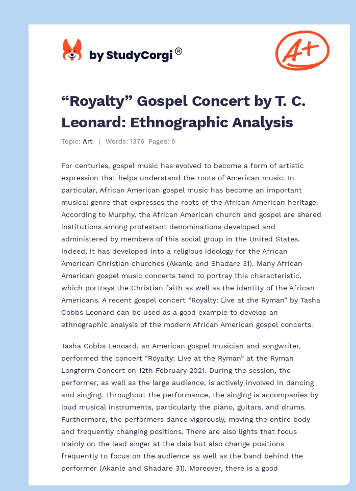 “Royalty” Gospel Concert by T. C. Leonard: Ethnographic Analysis. Page 1