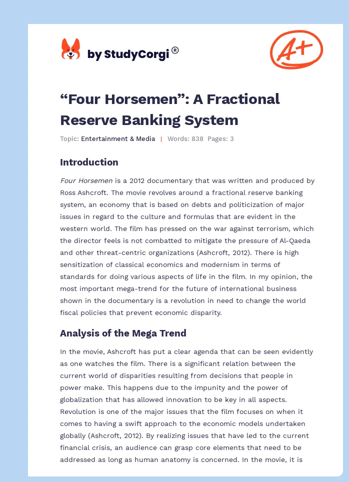 “Four Horsemen”: A Fractional Reserve Banking System. Page 1