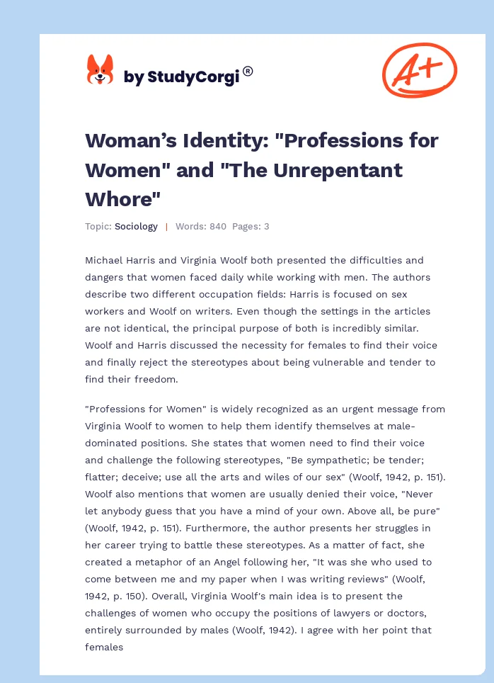 Woman’s Identity: "Professions for Women" and "The Unrepentant Whore". Page 1