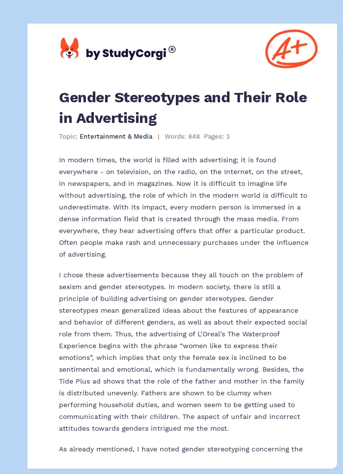 Gender Stereotypes and Their Role in Advertising. Page 1