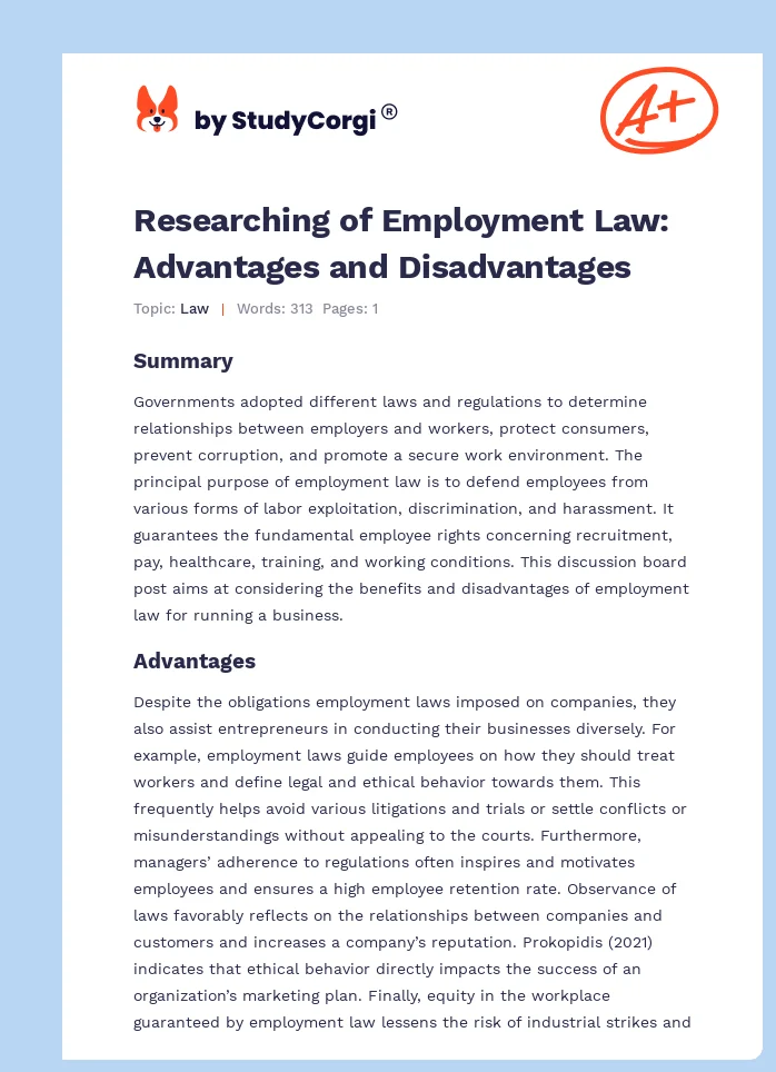 Researching of Employment Law: Advantages and Disadvantages. Page 1