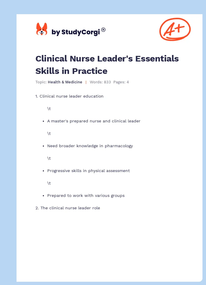 Clinical Nurse Leader's Essentials Skills in Practice. Page 1