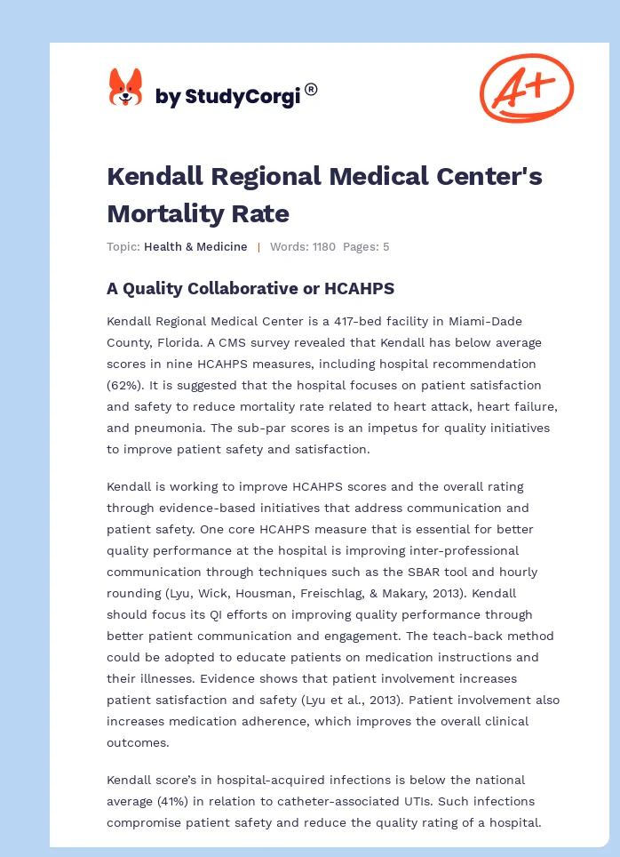 Kendall Regional Medical Center's Mortality Rate. Page 1