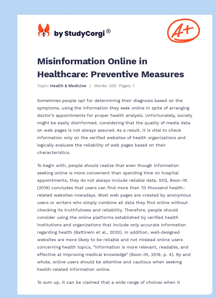 Misinformation Online in Healthcare: Preventive Measures. Page 1