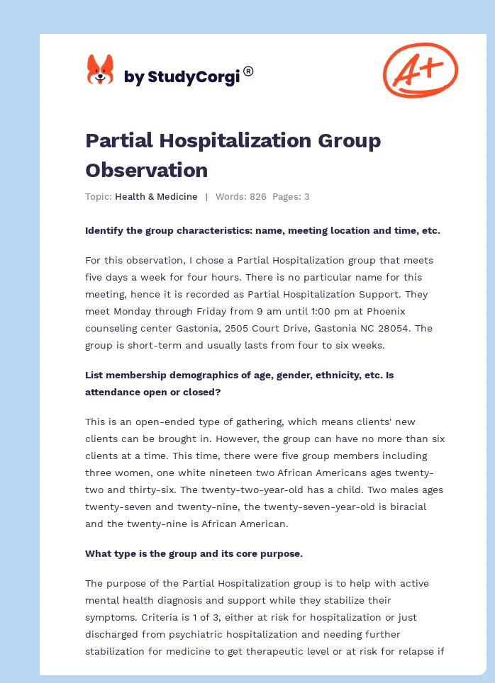 Partial Hospitalization Group Observation. Page 1