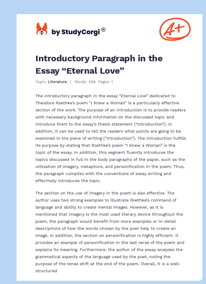 Introductory Paragraph in the Essay “Eternal Love”. Page 1