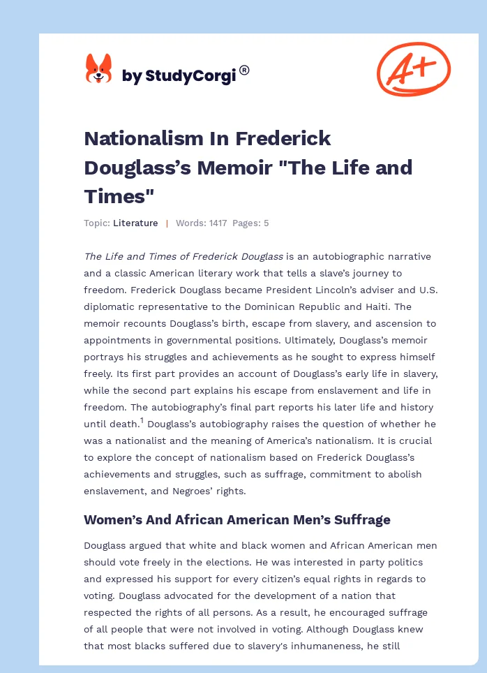 Nationalism In Frederick Douglass’s Memoir "The Life and Times". Page 1
