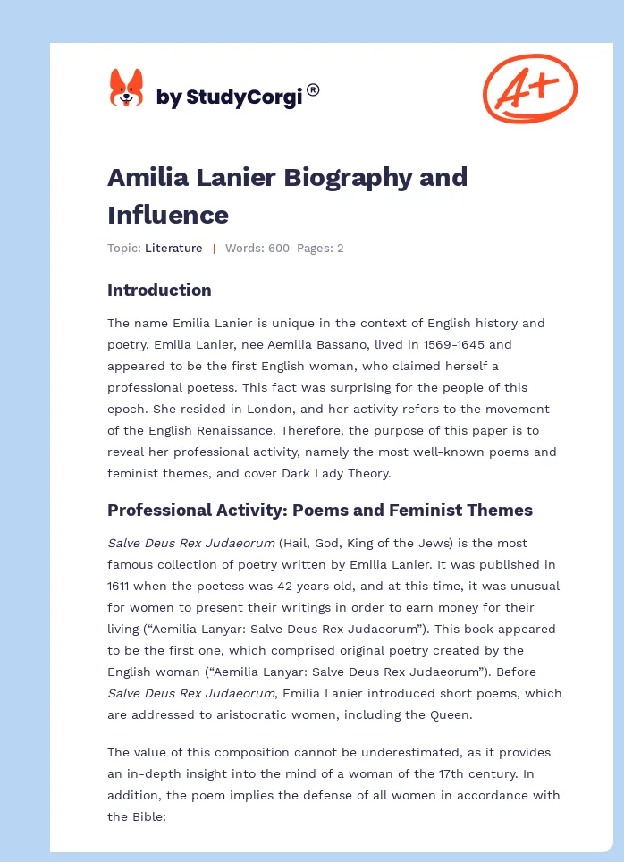 Amilia Lanier Biography and Influence. Page 1
