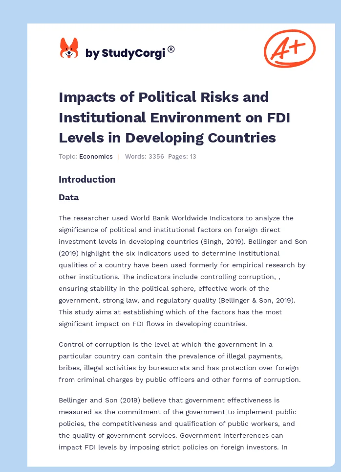 Impacts of Political Risks and Institutional Environment on FDI Levels in Developing Countries. Page 1