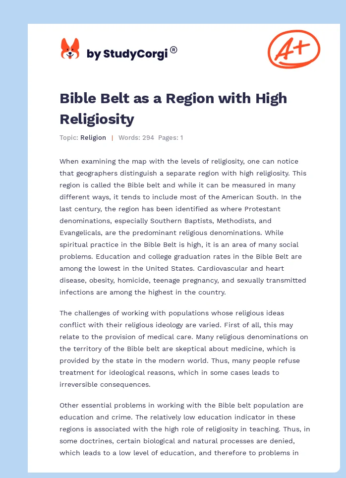 Bible Belt as a Region with High Religiosity. Page 1