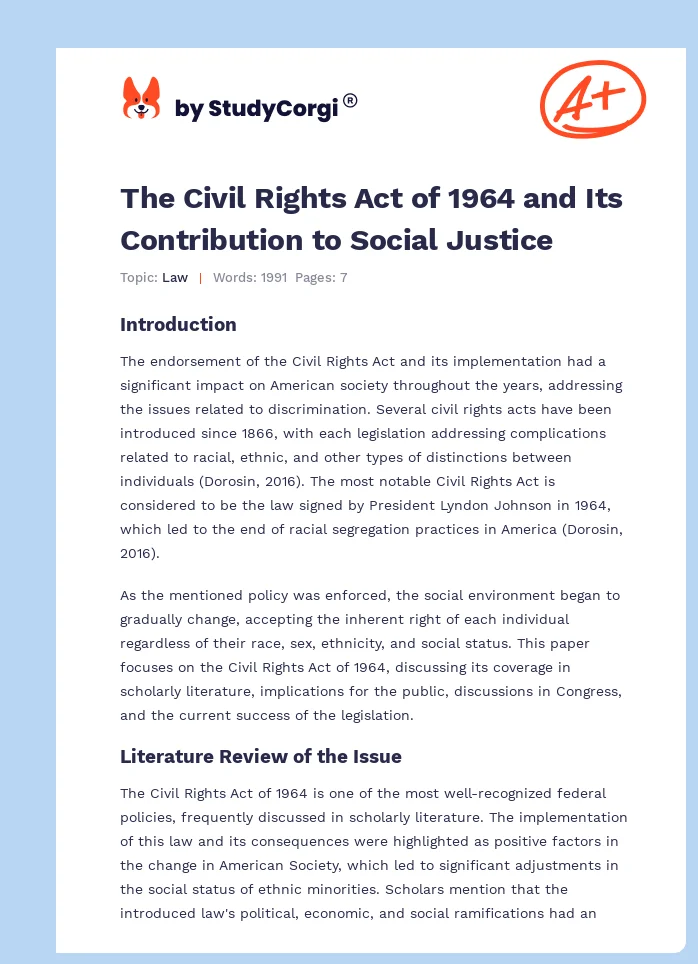 The Civil Rights Act of 1964 and Its Contribution to Social Justice. Page 1