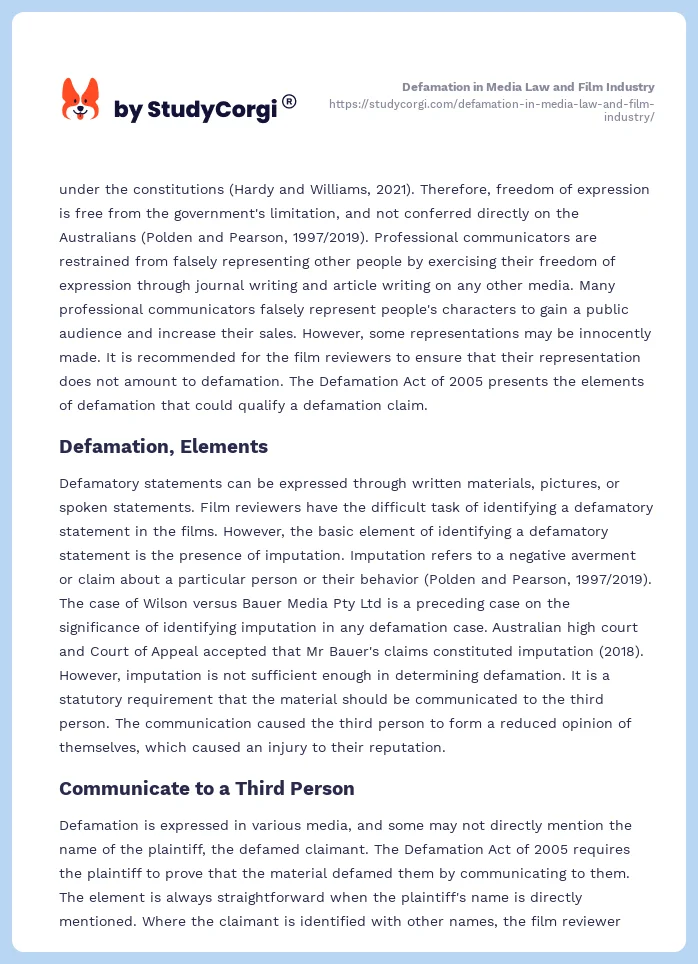 Defamation in Media Law and Film Industry. Page 2