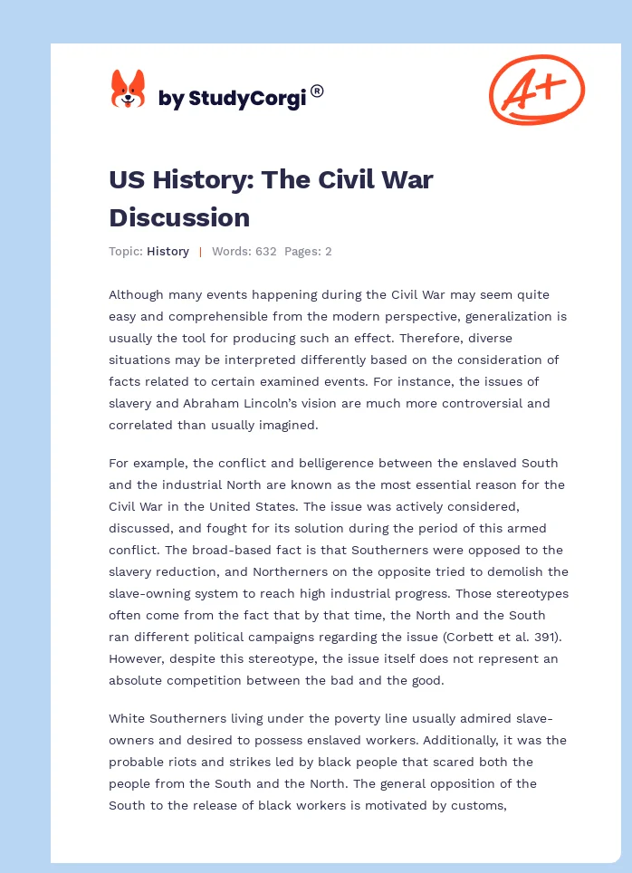 US History: The Civil War Discussion. Page 1