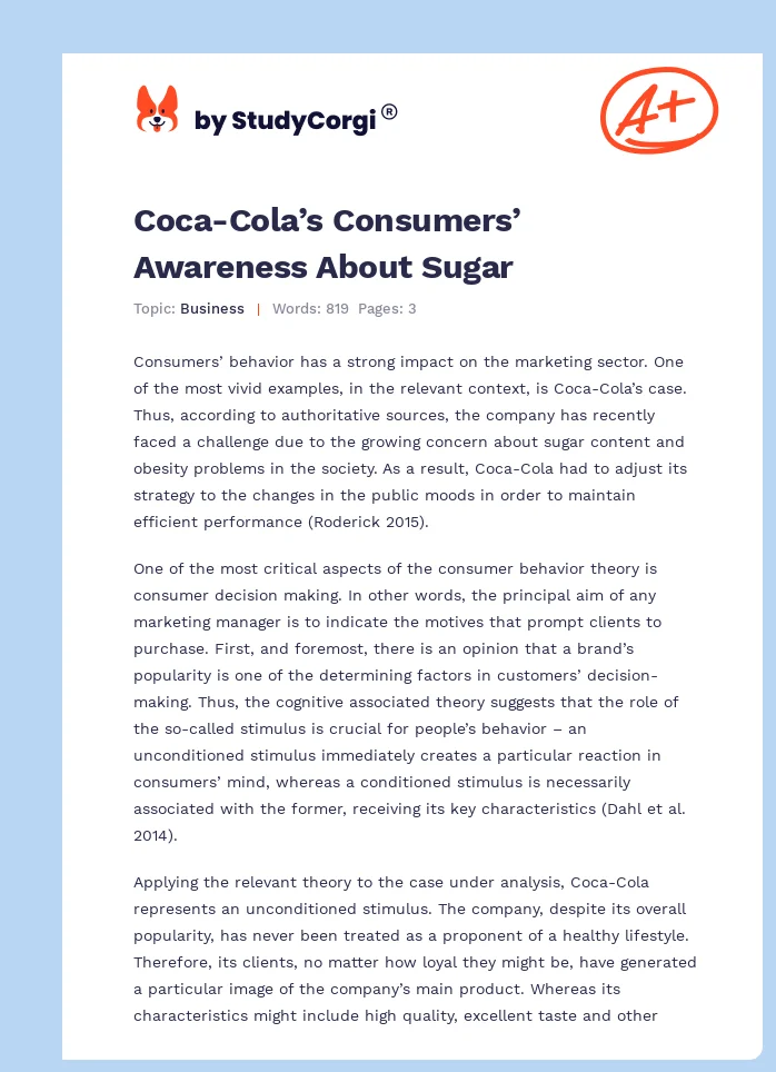 Coca-Cola’s Consumers’ Awareness About Sugar. Page 1