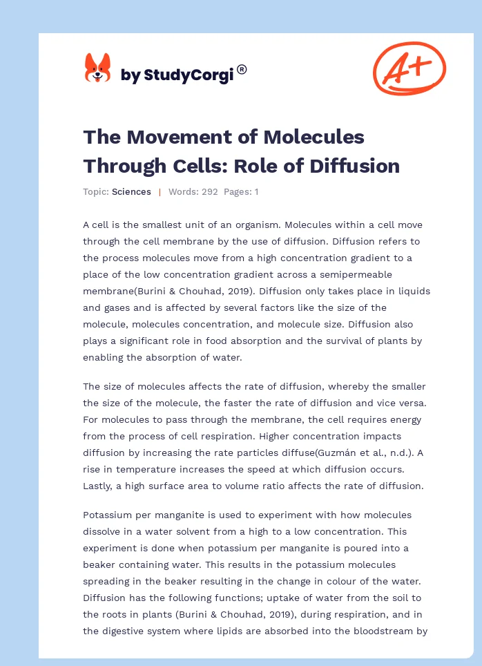 The Movement of Molecules Through Cells: Role of Diffusion. Page 1