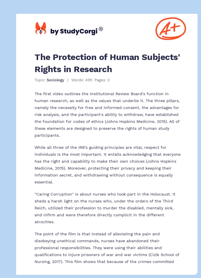 The Protection of Human Subjects' Rights in Research. Page 1