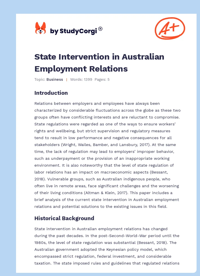 State Intervention in Australian Employment Relations. Page 1