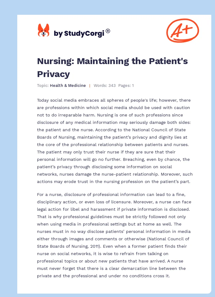 Nursing: Maintaining the Patient's Privacy. Page 1