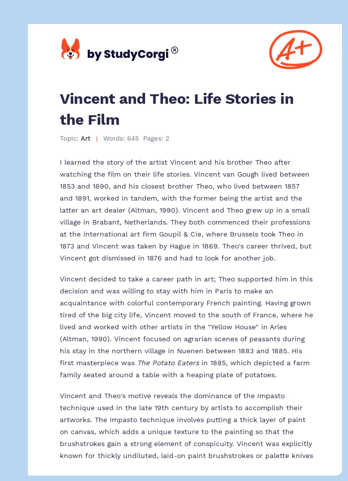 Vincent and Theo: Life Stories in the Film. Page 1