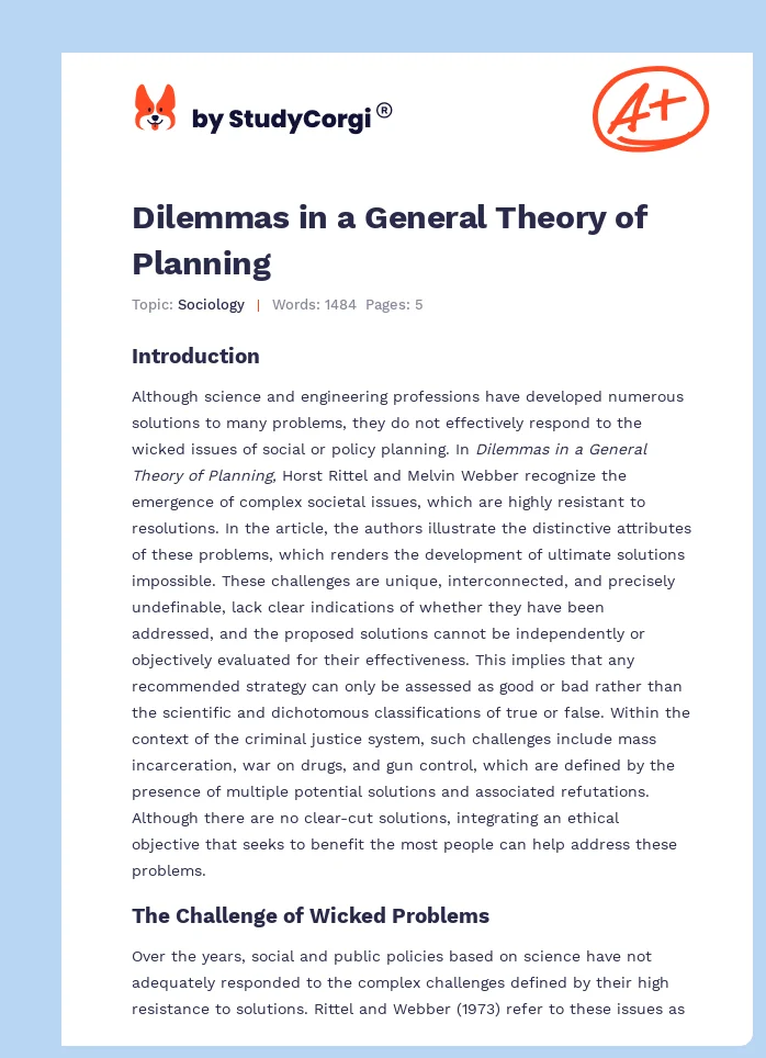 Dilemmas in a General Theory of Planning. Page 1