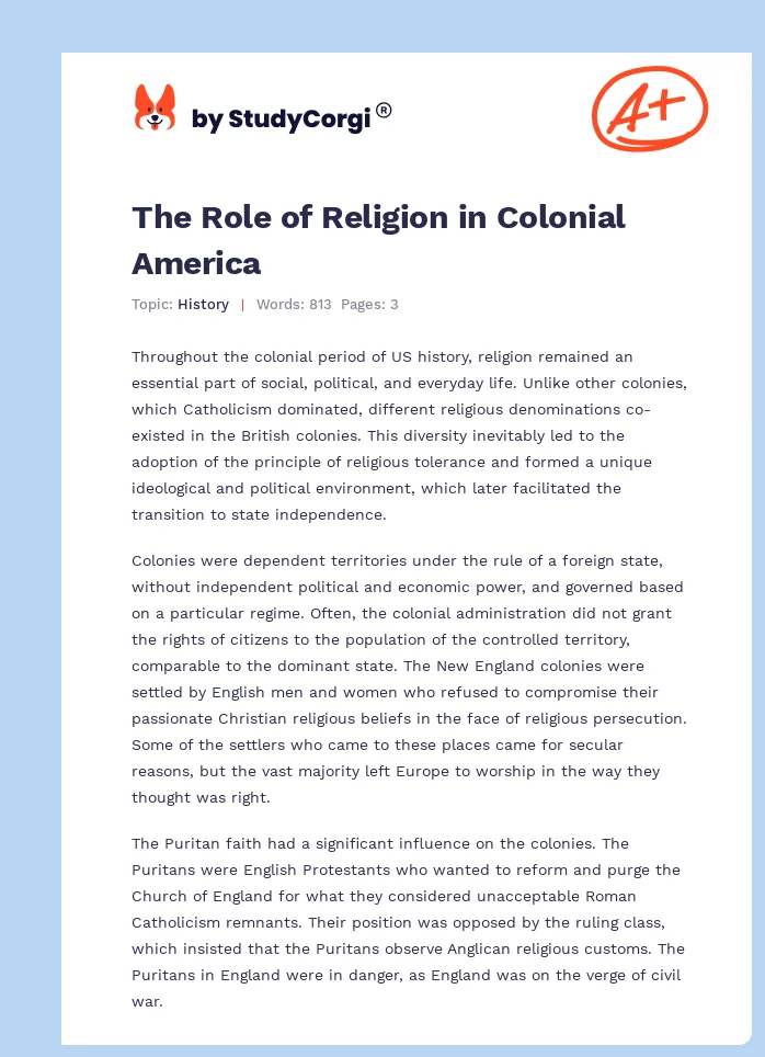The Role of Religion in Colonial America. Page 1