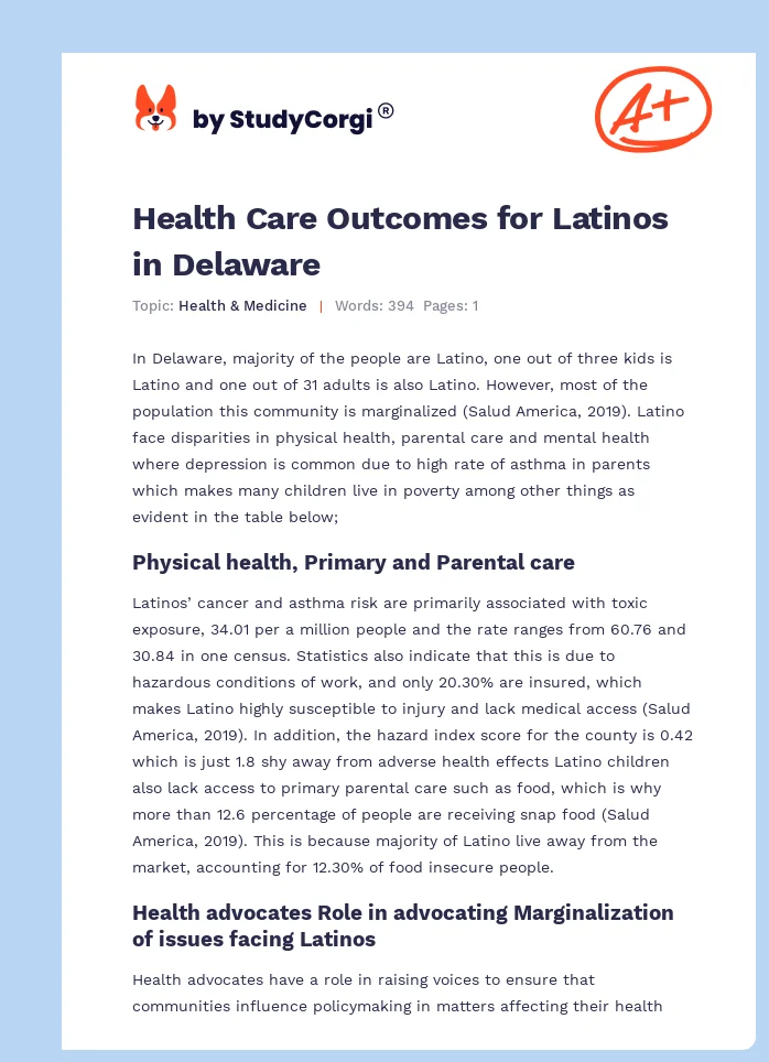 Health Care Outcomes for Latinos in Delaware. Page 1