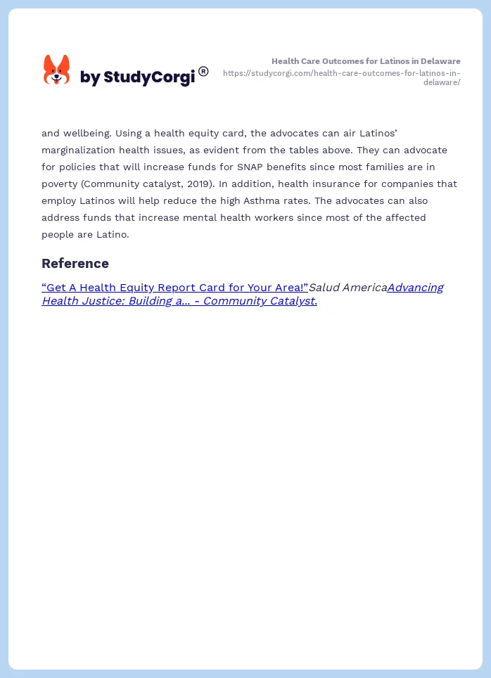 Health Care Outcomes for Latinos in Delaware. Page 2
