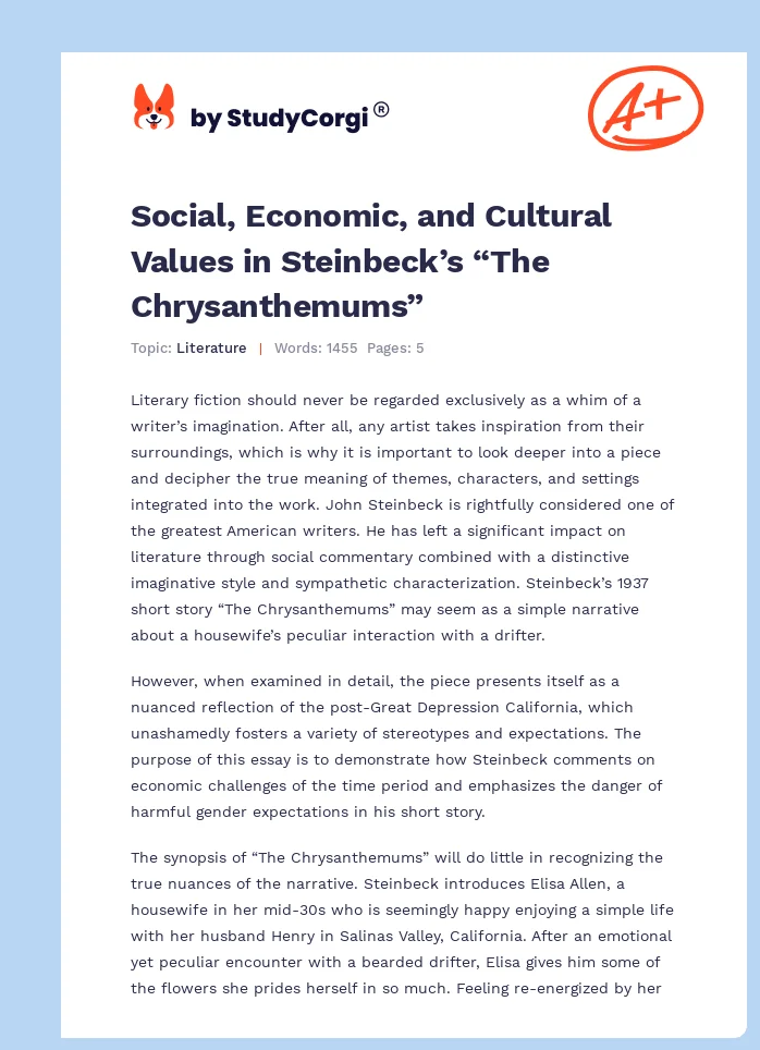 Social, Economic, and Cultural Values in Steinbeck’s “The Chrysanthemums”. Page 1