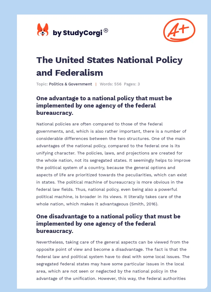 The United States National Policy and Federalism. Page 1