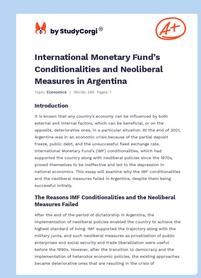 International Monetary Fund’s Conditionalities and Neoliberal Measures in Argentina. Page 1