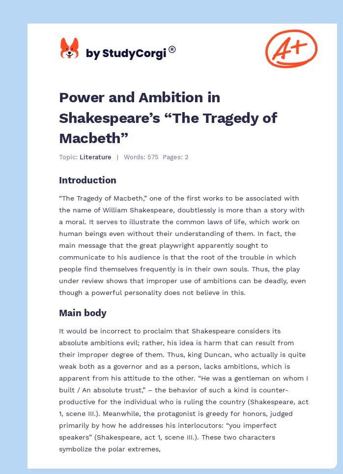 Power and Ambition in Shakespeare’s “The Tragedy of Macbeth”. Page 1