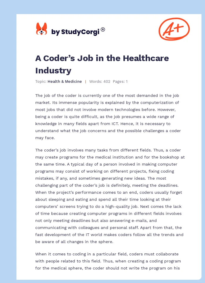 A Coder’s Job in the Healthcare Industry. Page 1