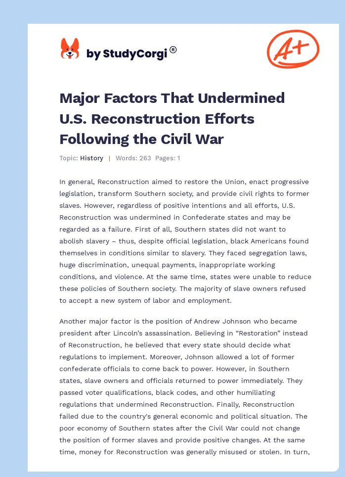 Major Factors That Undermined U.S. Reconstruction Efforts Following the Civil War. Page 1