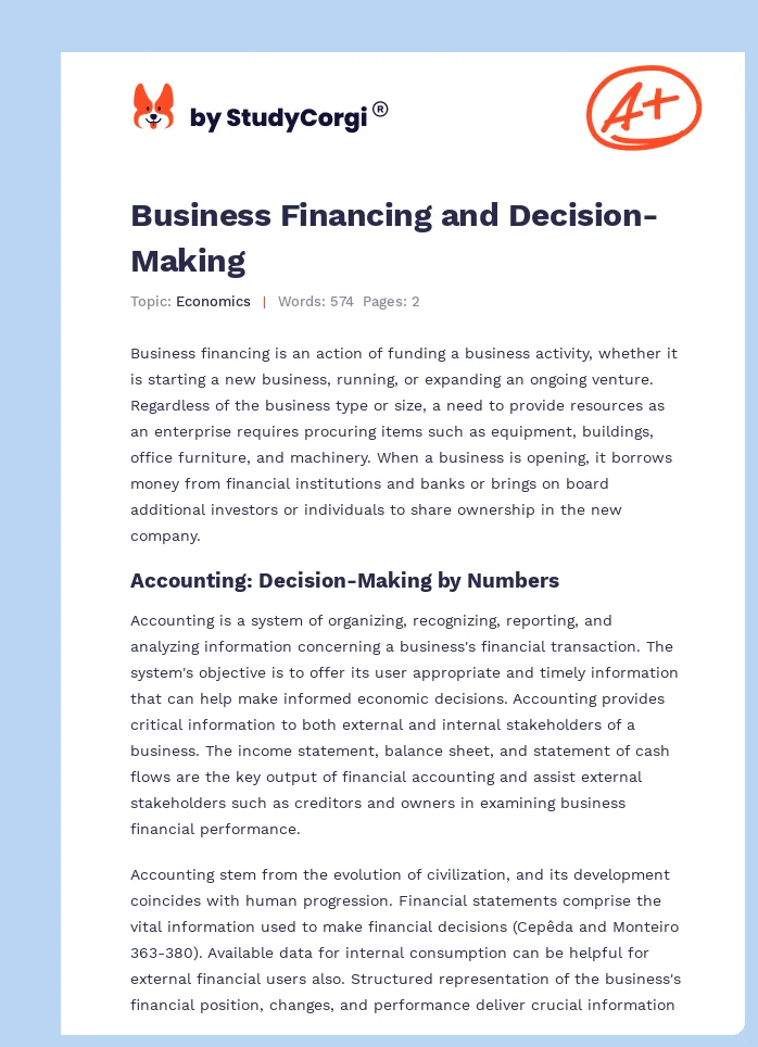 Business Financing and Decision-Making. Page 1