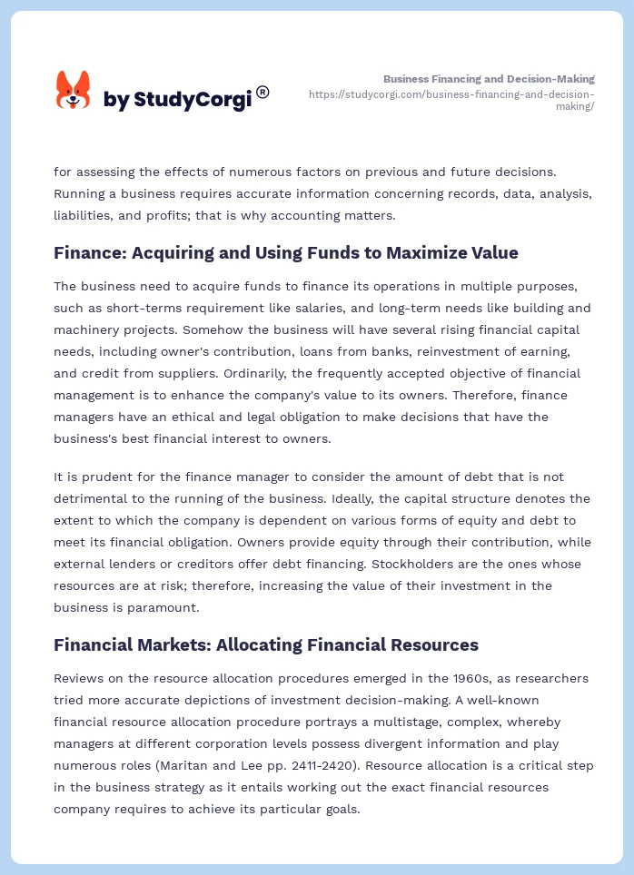 Business Financing and Decision-Making. Page 2