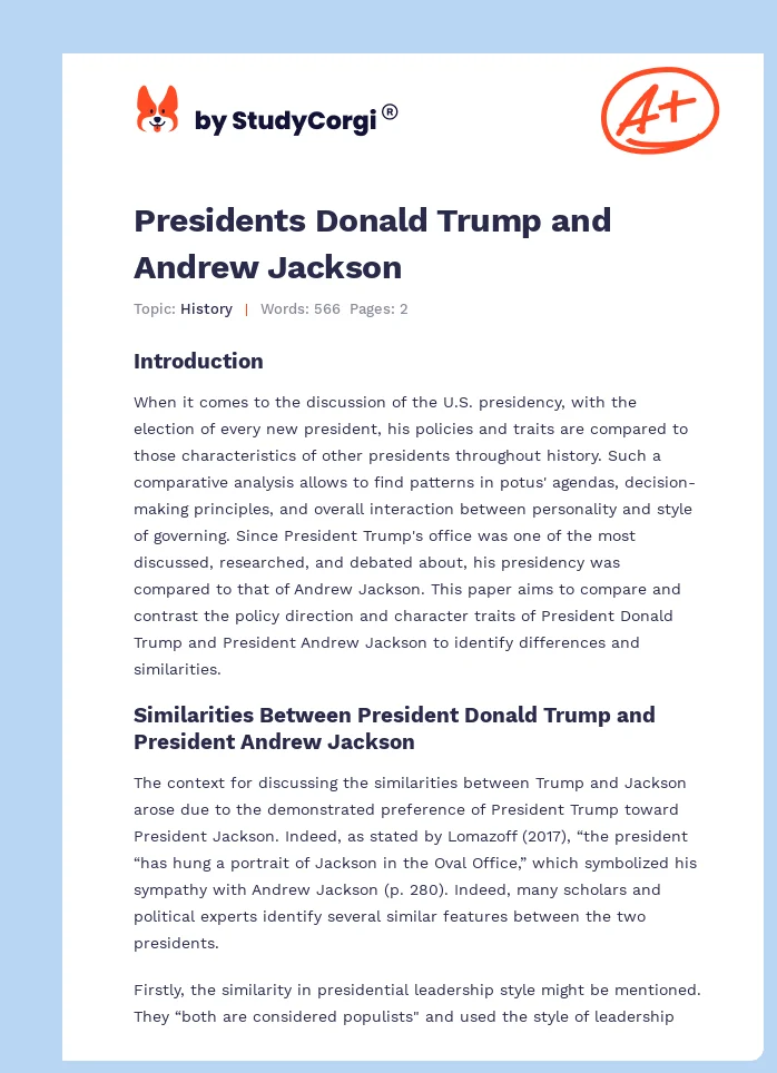 Presidents Donald Trump and Andrew Jackson. Page 1
