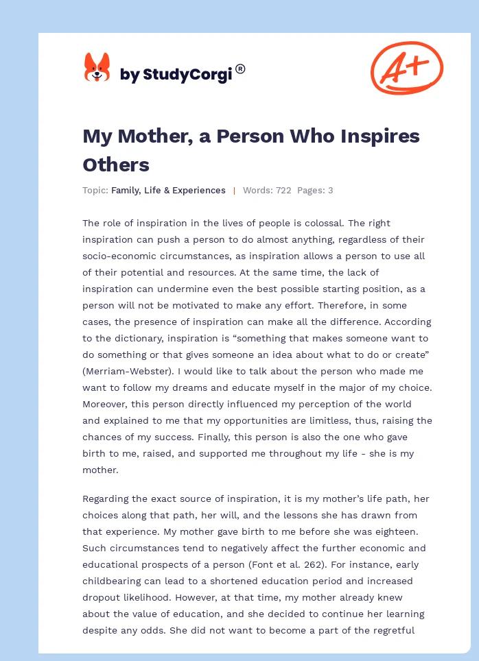 My Mother, a Person Who Inspires Others. Page 1