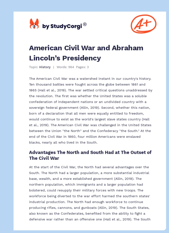 American Civil War and Abraham Lincoln’s Presidency. Page 1