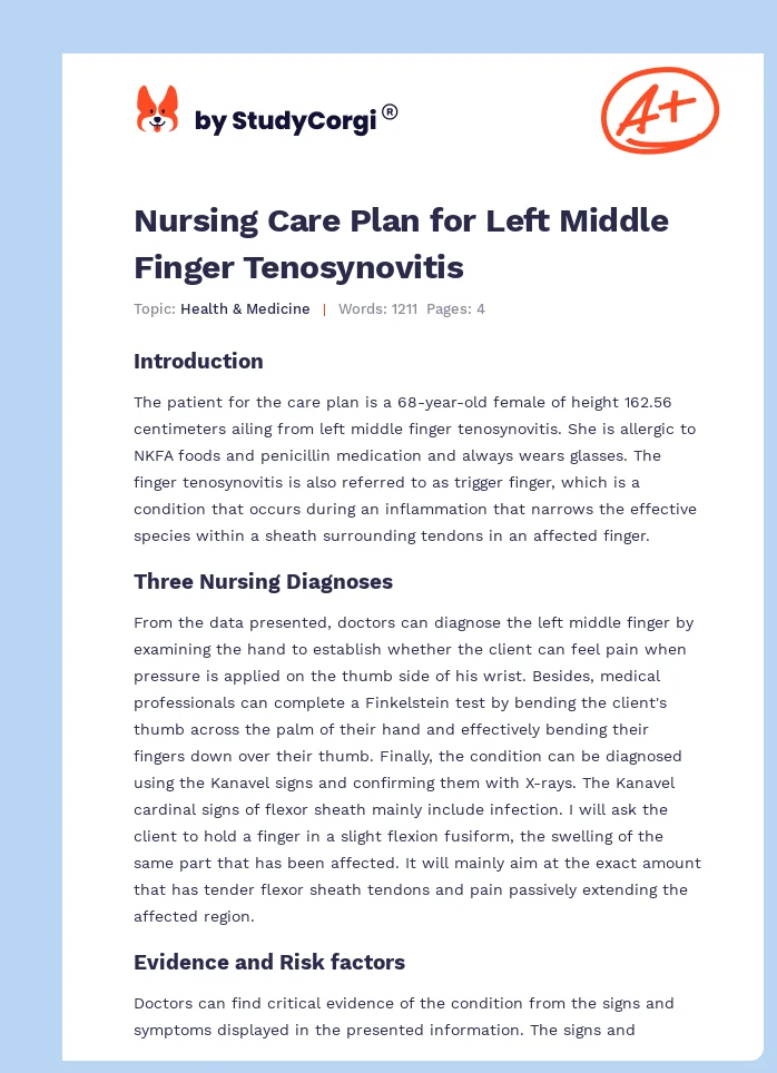 Nursing Care Plan for Left Middle Finger Tenosynovitis. Page 1