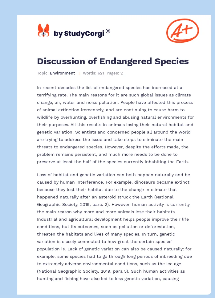 Discussion of Endangered Species. Page 1
