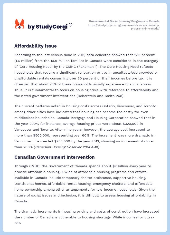 Governmental Social Housing Programs in Canada. Page 2