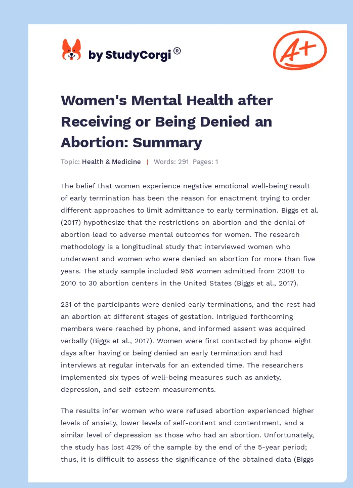 Women's Mental Health after Receiving or Being Denied an Abortion: Summary. Page 1