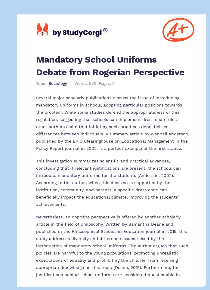 Mandatory School Uniforms Debate from Rogerian Perspective. Page 1